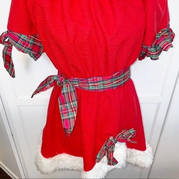 Mrs. Claus | Red Dress Plaid Ribbon White Fleece One Size Separate Fleece Collar - Picture 13 of 16